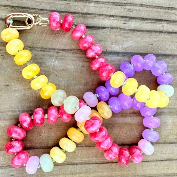 Candy Gemstone Choker Chalcedony, Jade, Moonstone, Hand Knotted, 14k Gold-Filled - Picture 3 of 7